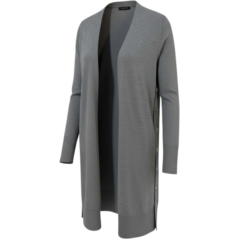 Tahari Cardigan Small Gray Merino Wool Blend Side Button Longline Open Front